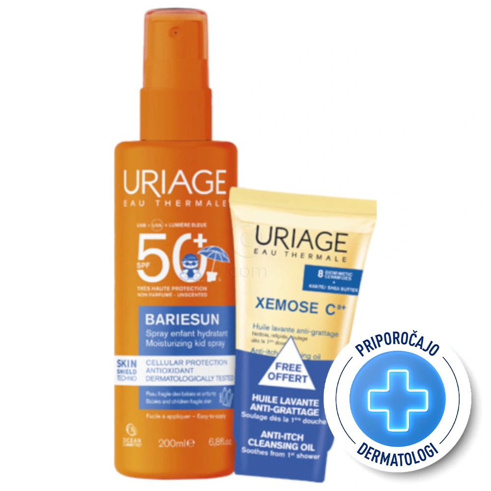 Uriage Bariesun, paket otroško mleko za zaščito pred soncem - ZF50+ in Xemose C8+ čistilno olje (200 ml + 50 ml)